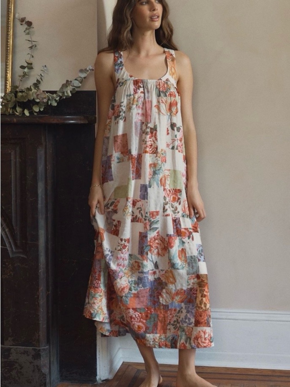 Anthropologie Patchwork Floral Maxi Dress in Cream, Red, Pink, Green